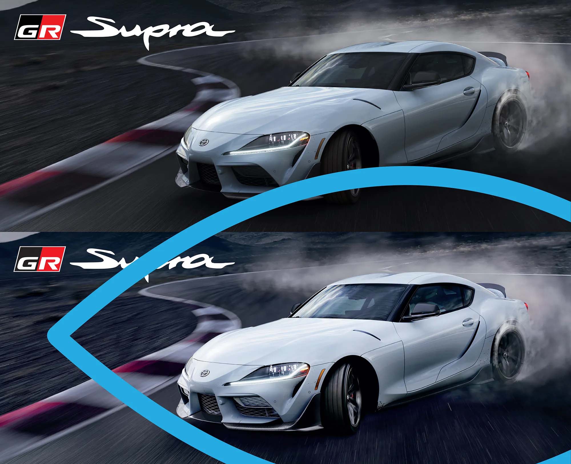 The original image sits atop the premedia enhanced image of the Toyota Supra on a race track.
